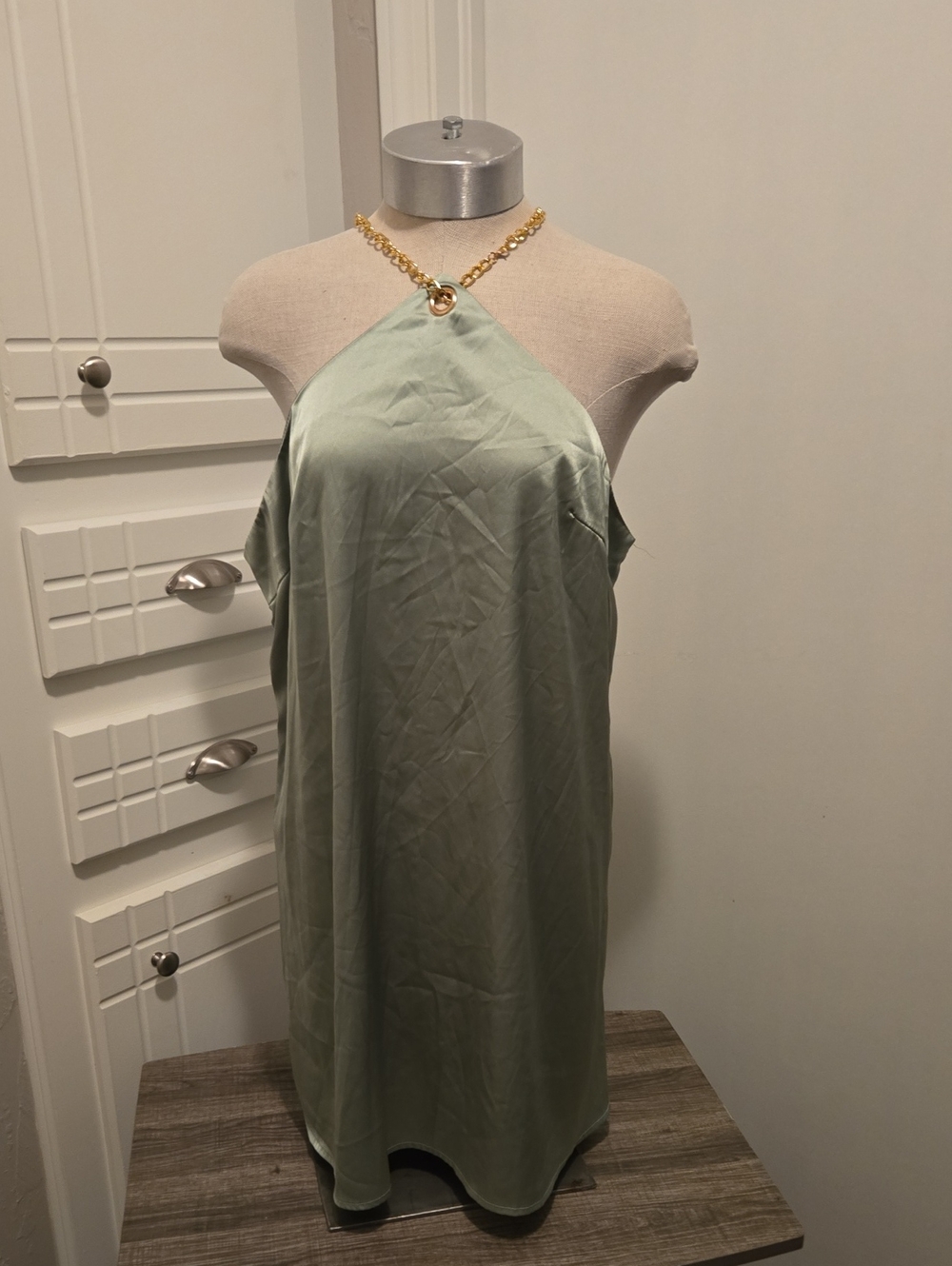 SHEIN Sage Green Satin Halter Mini with Gold Chain